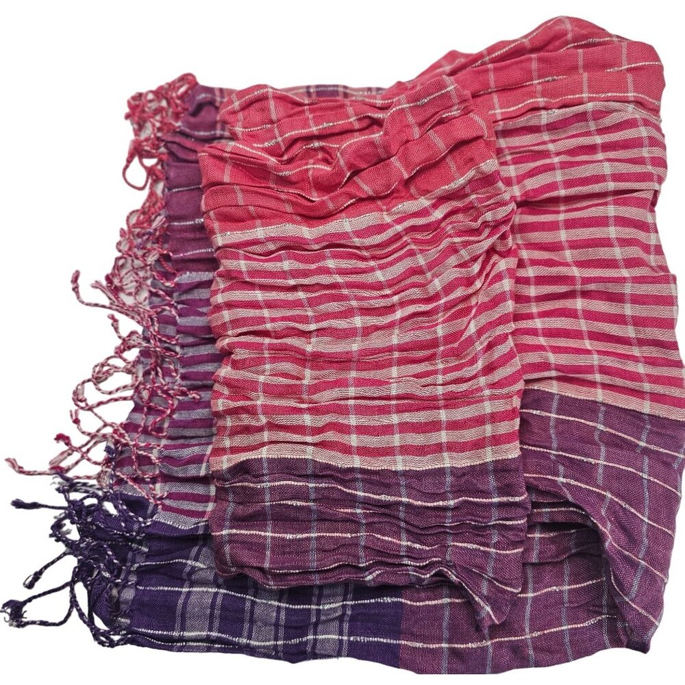 Handwoven Gradient Checkered Scarf With Fringe Pink Purple Lightweight 15x68"